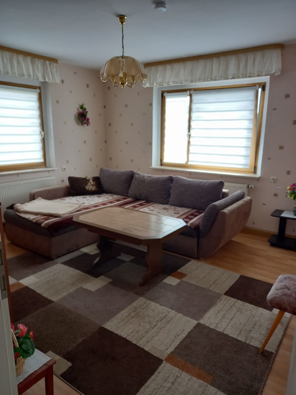 Blick in das Wohnzimmer mit Couch und kleinem Tisch